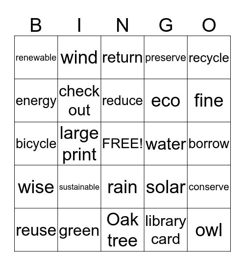 Green/Library Vocabulary Bingo Card