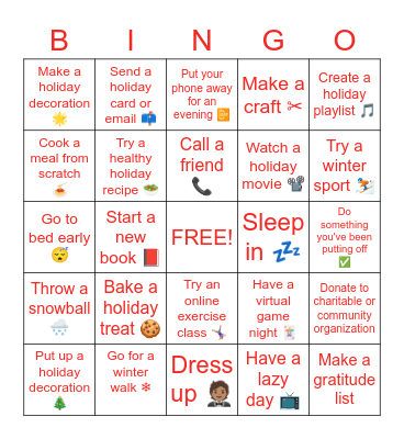 SRAD Workplace Wellness Council Holiday BINGO Card