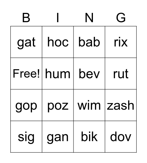 Nonsense Words Bingo Card