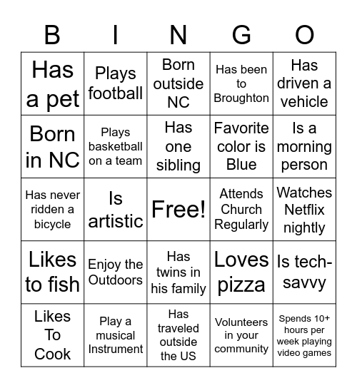 Get To Know You Bingo Card