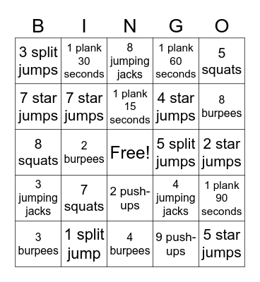 Fitness Bingo Card