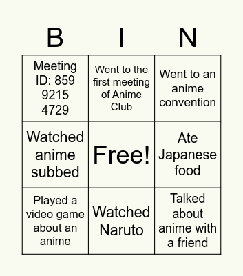 Anime Club Bingo Card