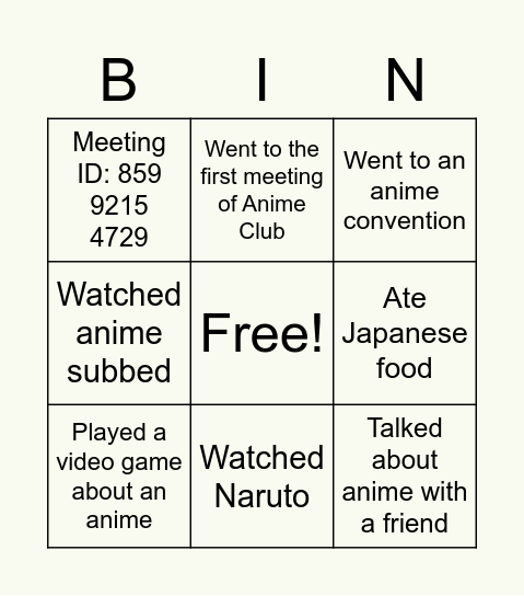 Anime Club Bingo Card