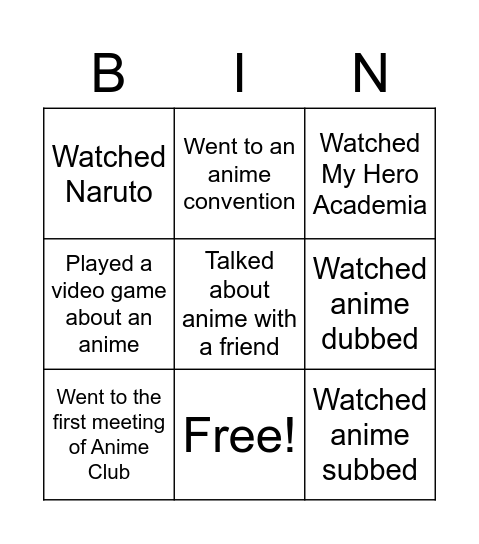 Anime Club Bingo Card