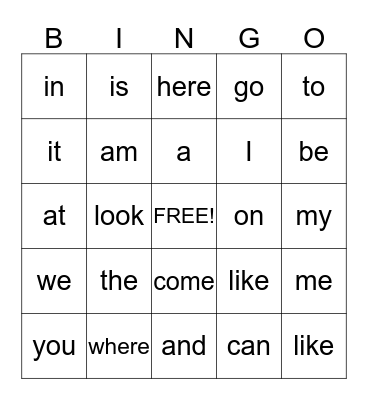 Sight Words Bingo  Bingo Card