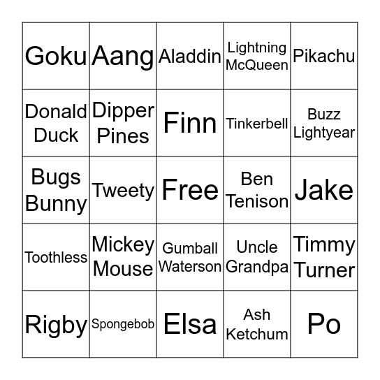 Famous Cartoon Characters Bingo Card