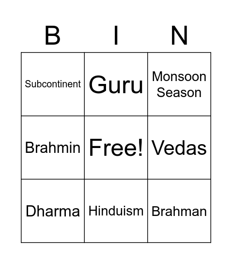 India Bingo Card Bingo Card