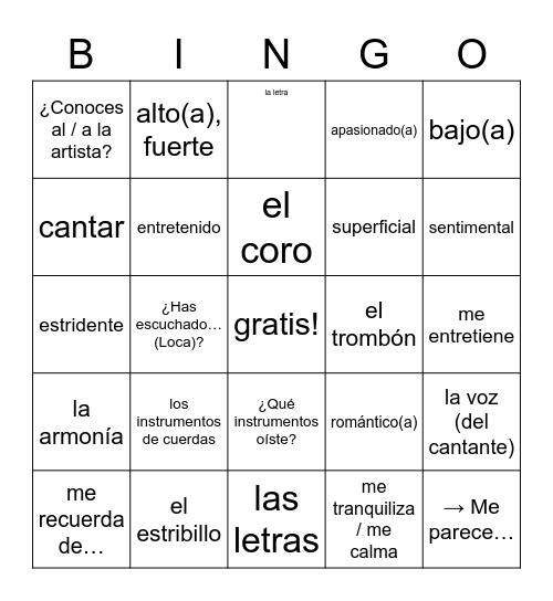 La Música Bingo Card