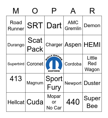 Sioux Empire Mopars Bingo Card