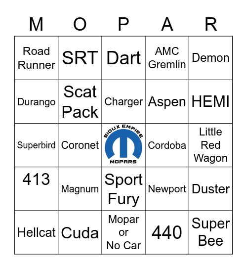 Sioux Empire Mopars Bingo Card