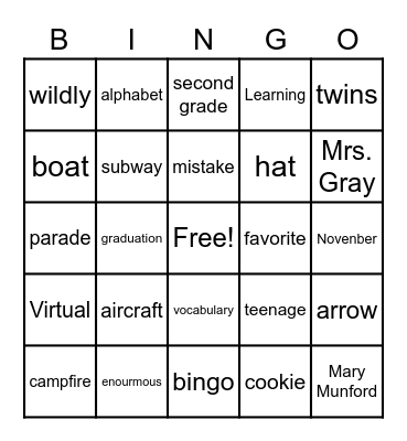 Vocabulary Hat Parade 2020 Bingo Card
