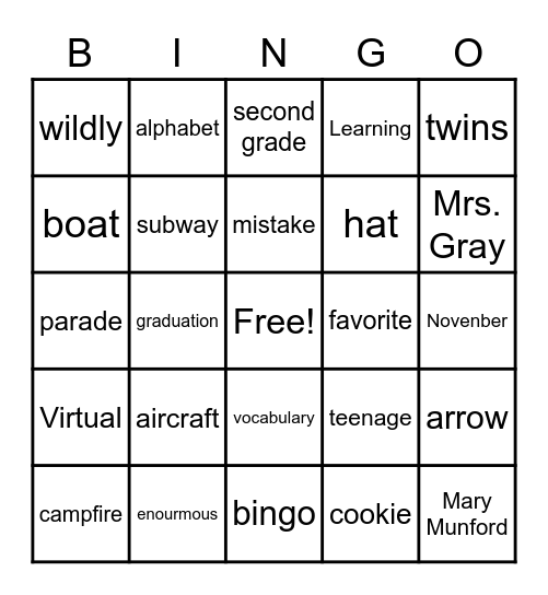 Vocabulary Hat Parade 2020 Bingo Card