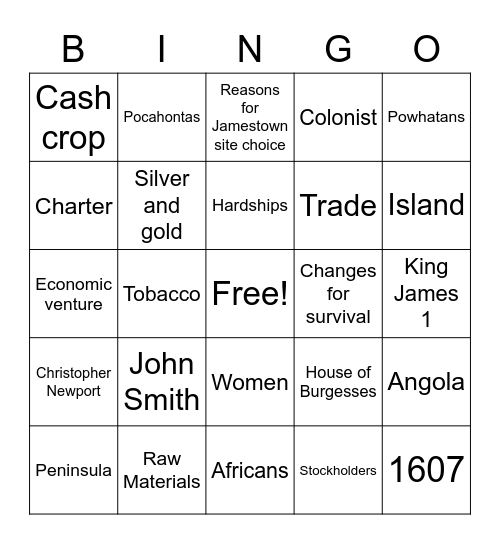 Jamestown Bingo Card