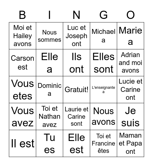 Avoir et Etre Bingo Card