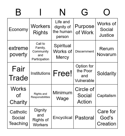Economic Justice for All Bingo Card