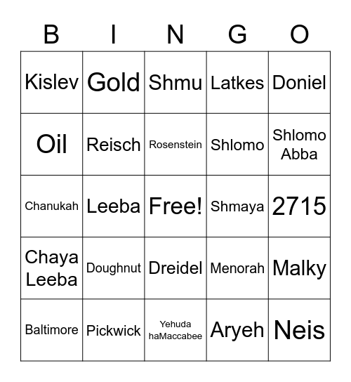 CHANUKAH Bingo Card