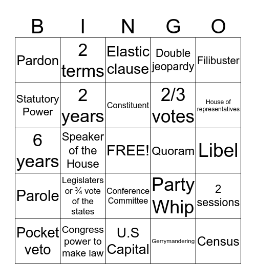 American Gov't Bingo  Bingo Card