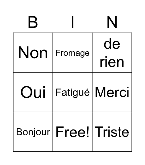 French 101 Bingo Card