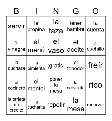 c2 En un Restaurante, palabras 1 Bingo Card