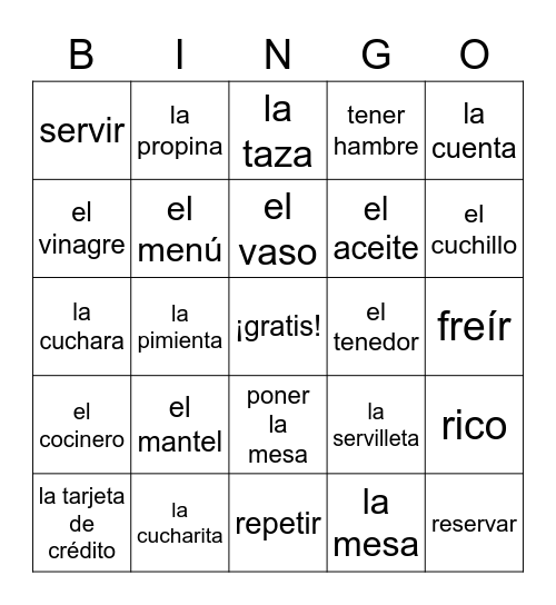 c2 En un Restaurante, palabras 1 Bingo Card