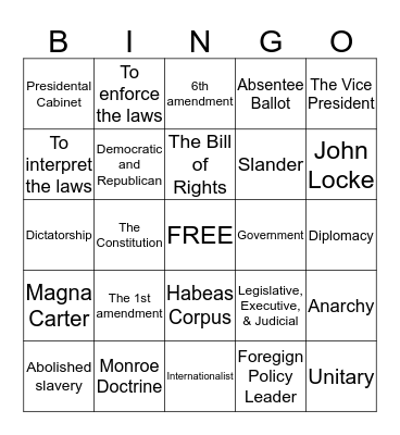 American Gov't Bingo Card