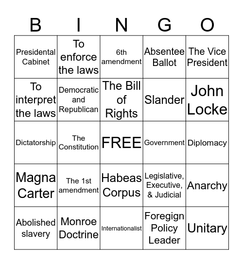 American Gov't Bingo Card