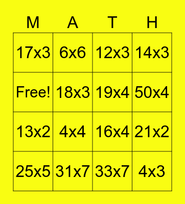 Multiplication Bingo Card