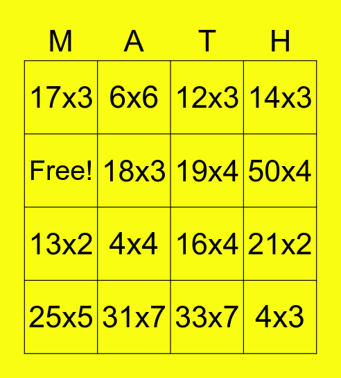 Multiplication Bingo Card
