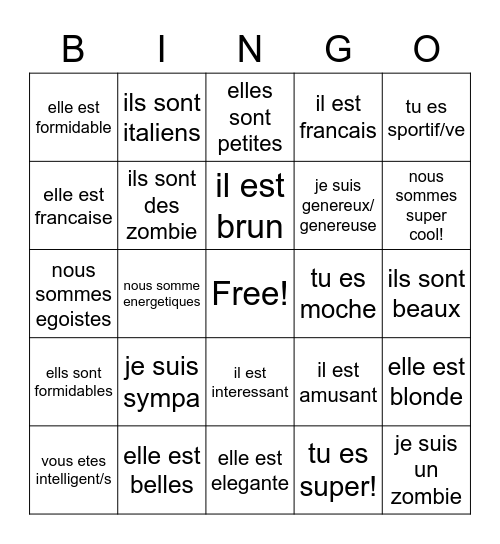 ETRE= to BEEEEE Bingo Card