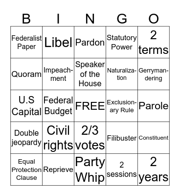 American Gov't Bingo Card