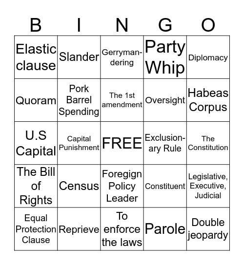 American Gov't Bingo Card