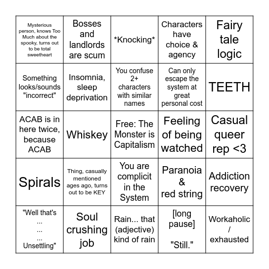 Jonathan Sims Writing Bingo Card