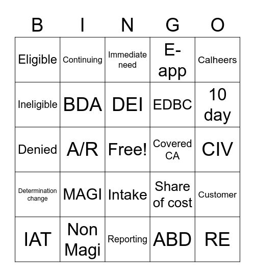 Medi-Cal Bingo Card