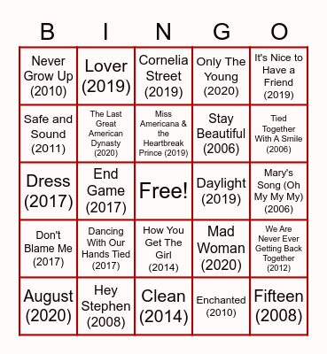 Game 8 - Taylor Swift BINGO Card