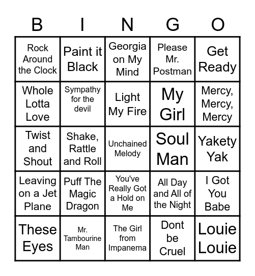 Game ** - 1950 & 60's Music Bingo Card