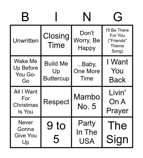 Music Bingo - When you hear a song, mark your square AND write the TIME you heard it!  When you hit Bingo, bring your card to the office to trade in for a prize! Bingo Card