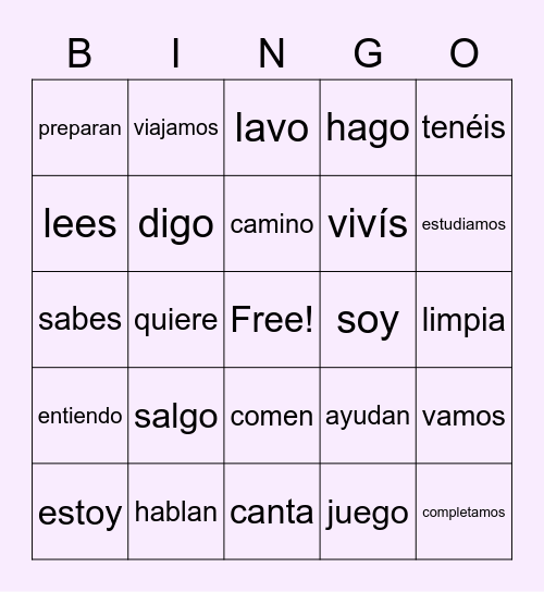 Verb Conjugations Bingo Card