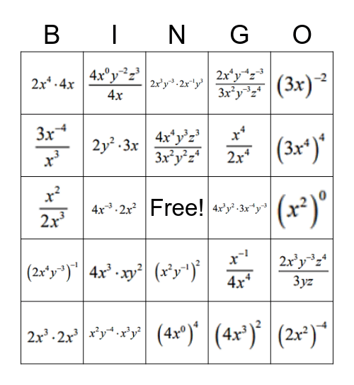 Exponent Laws Bingo Card