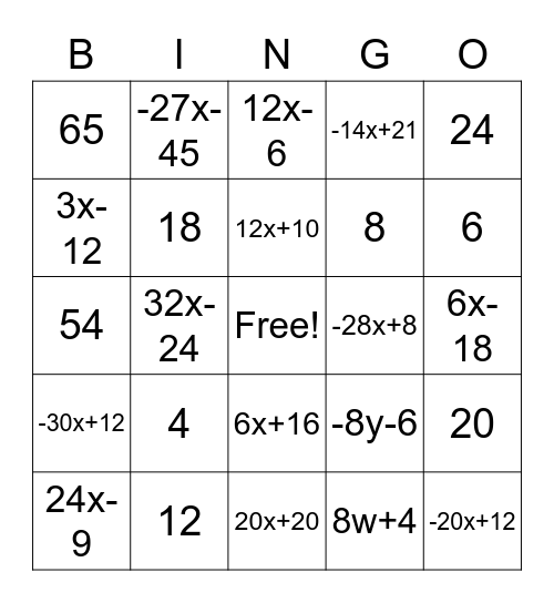 Distributive Property Bingo Card