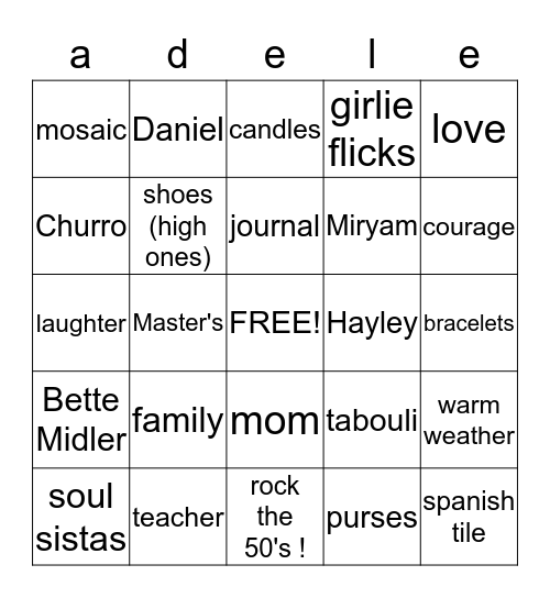 Kiki's 50th!  Bingo Card