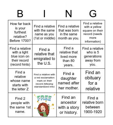Family Search Bingo Card