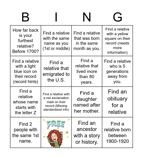 Family Search Bingo Card