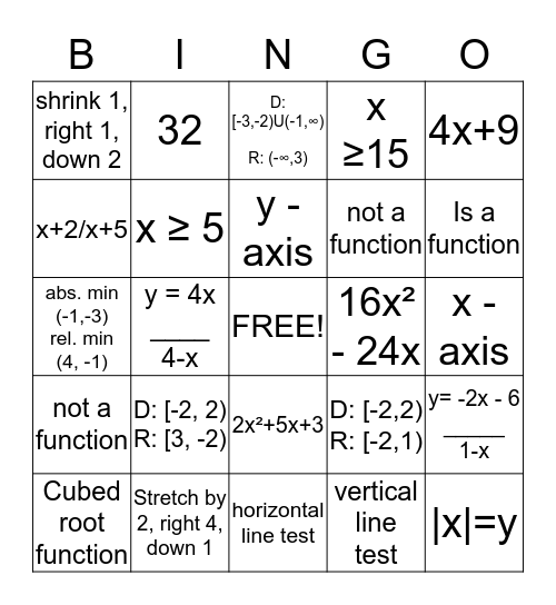 Pre-cal Review Bingo Card