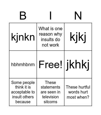 Put Downs Bingo Card
