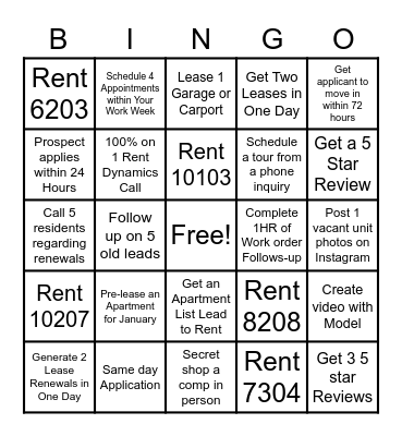 Leasing Bingo! Bingo Card