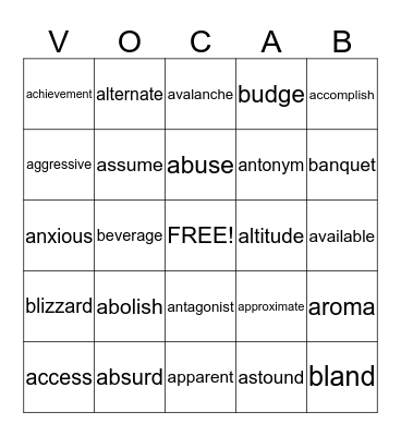 Vocabulary Bingo Card