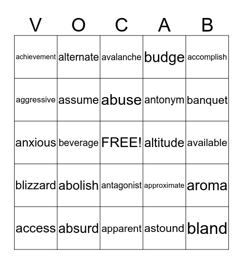 Vocabulary Bingo Card