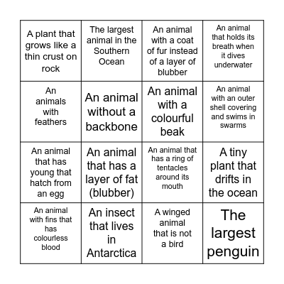 Antarctica Animals Speed Run Bingo Card
