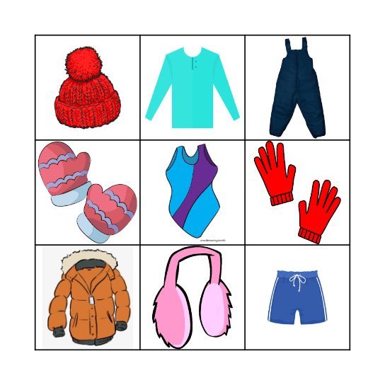 Winter Clothes Bingo Card