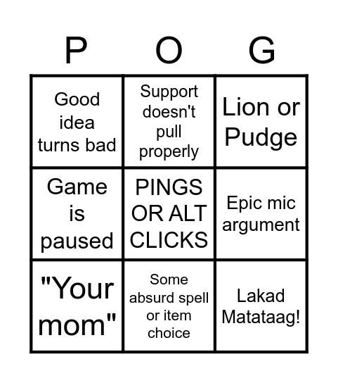 Howie's Dota Experience Bingo Card